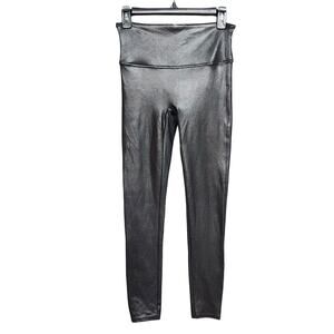 Spanx Leggings Medium Black Snakeskin Print Faux‎ Leather High Waist Pull On